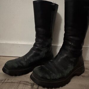 Vintage Prada Black Leather Combat Boots Mid-Calf Rugged Design